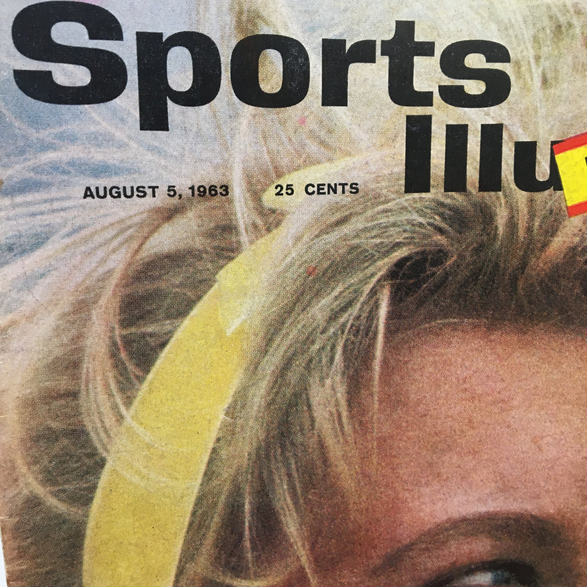 Close-up of the Vintage Sports Illustrated Magazine cover dated August 5, 1963, highlighting the title and date, featuring champion archer Nancy Vonderheide.