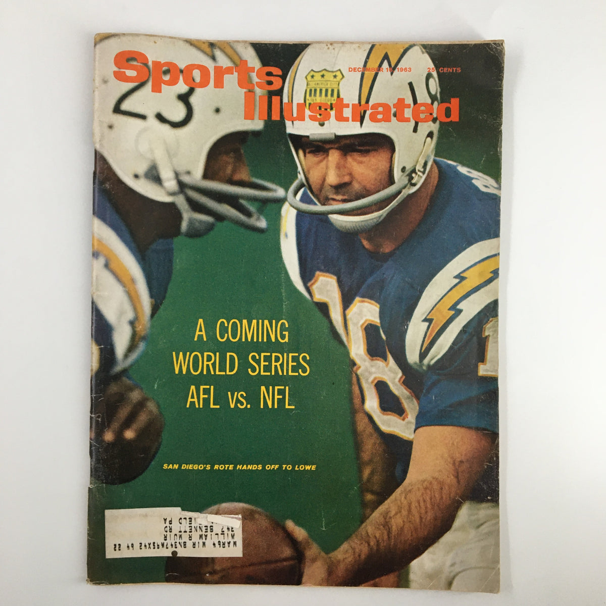 Cover of VTG Sports Illustrated Magazine December 16, 1963, showcasing the headline 'A Coming World Series AFL vs. NFL' with players in football helmets.