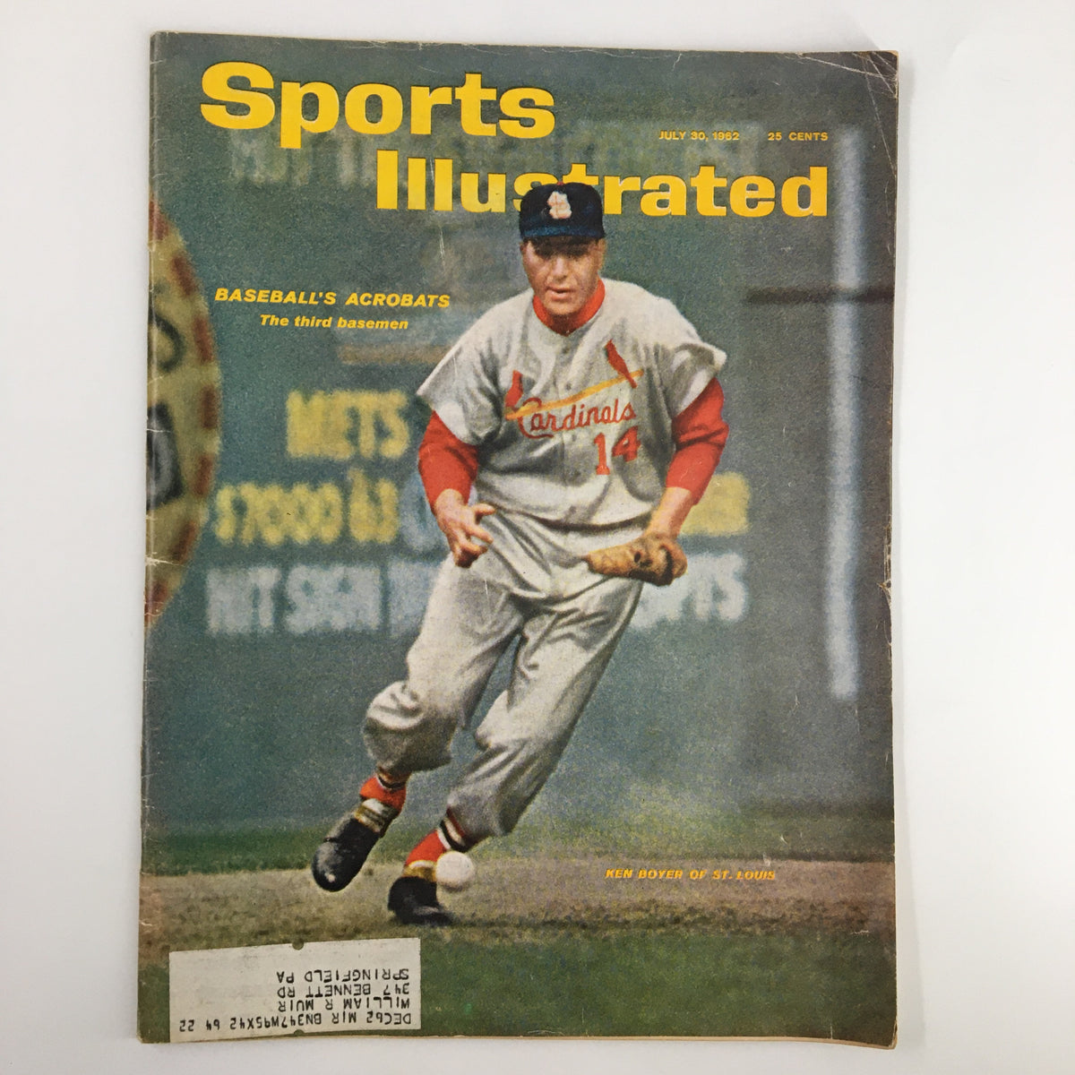 Vintage Sports Illustrated magazine cover from July 30, 1962, featuring Ken Boyer, the third baseman for the St. Louis Cardinals, showcasing baseball's acrobats.