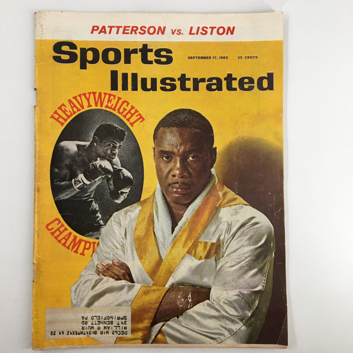 Vintage Sports Illustrated Magazine from September 17, 1962 featuring the boxing match Patterson vs. Liston. The cover showcases a powerful illustration of heavyweight champion Floyd Patterson. Collectors' item for sports enthusiasts.