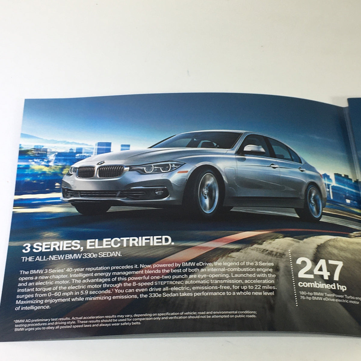 2015 BMW eDrive Technology 330e X5 Sedan Dealership Car Auto Brochure Catalog showcasing the BMW 3 Series electrified with combined horsepower details.