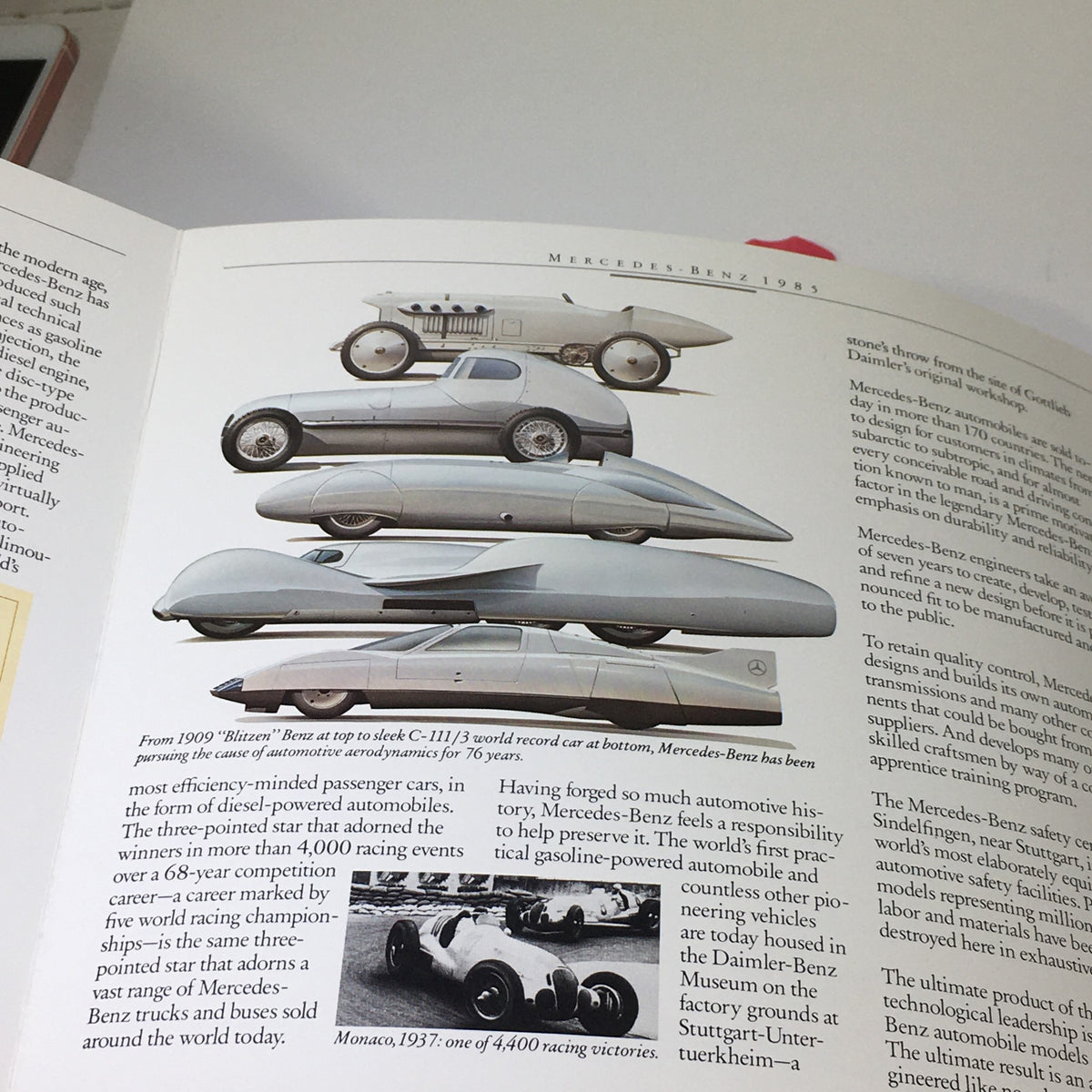 Inside page of the 1985 Mercedes-Benz SD SE SL SEL SEC Class Dealership Car Auto Brochure Catalog showcasing historical vehicles from Mercedes-Benz.