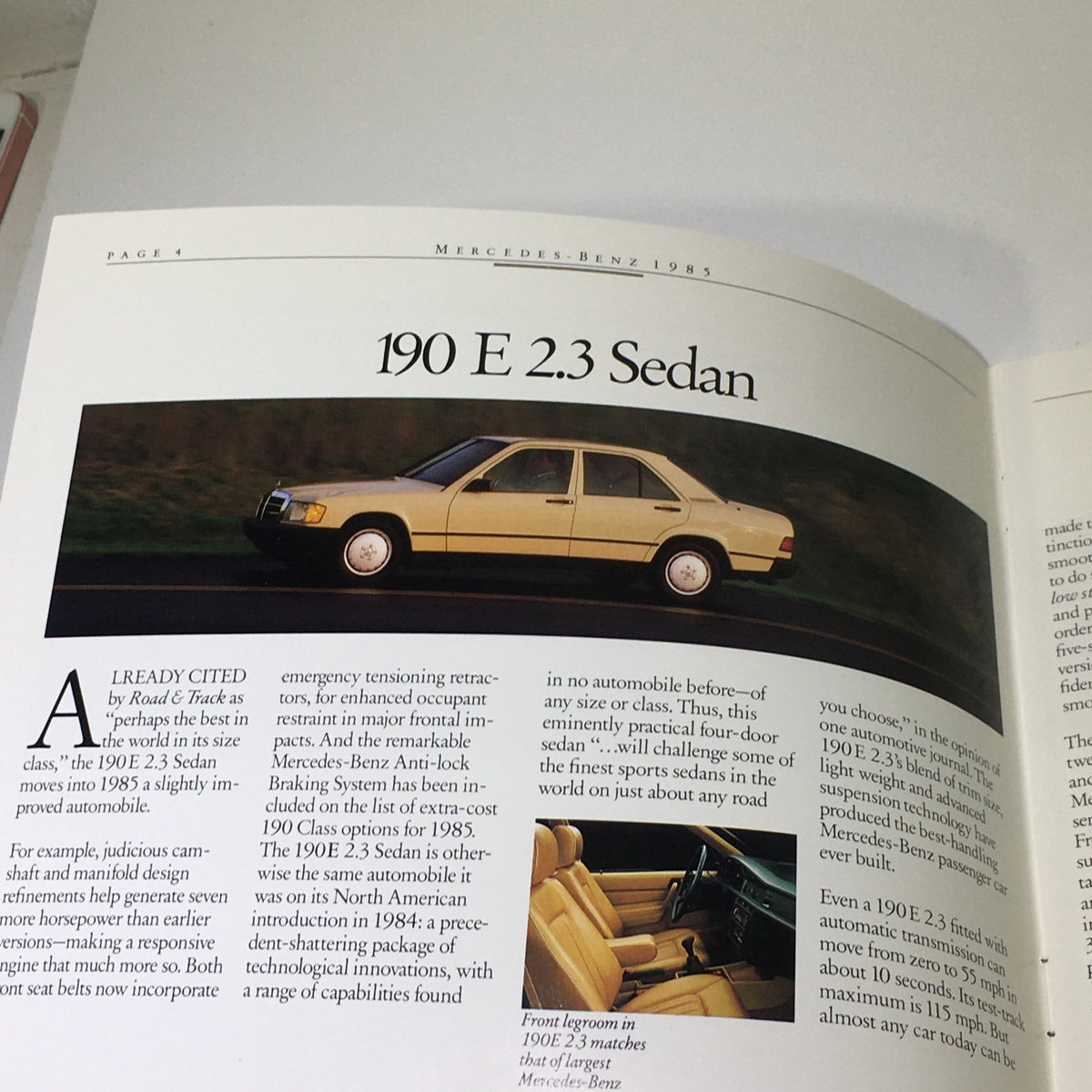 Profile view of the 1985 Mercedes-Benz 190E 2.3 Sedan featured in the brochure, showcasing its elegance and specifications.