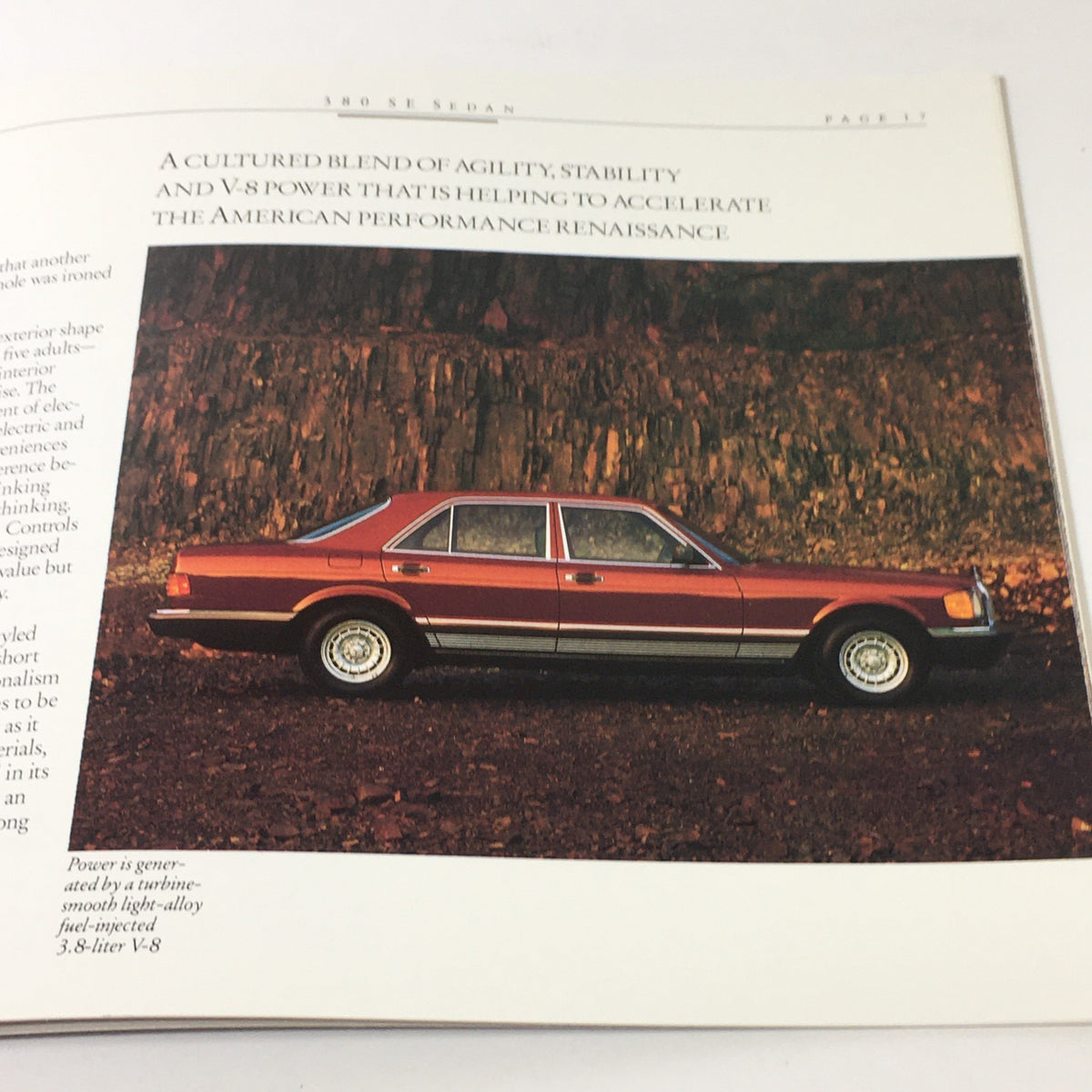 1985 Mercedes-Benz SD SE SL SEL SEC Class Dealership Car Auto Brochure Catalog showcasing a red 380 SE sedan against a natural backdrop, illustrating luxury and performance features.