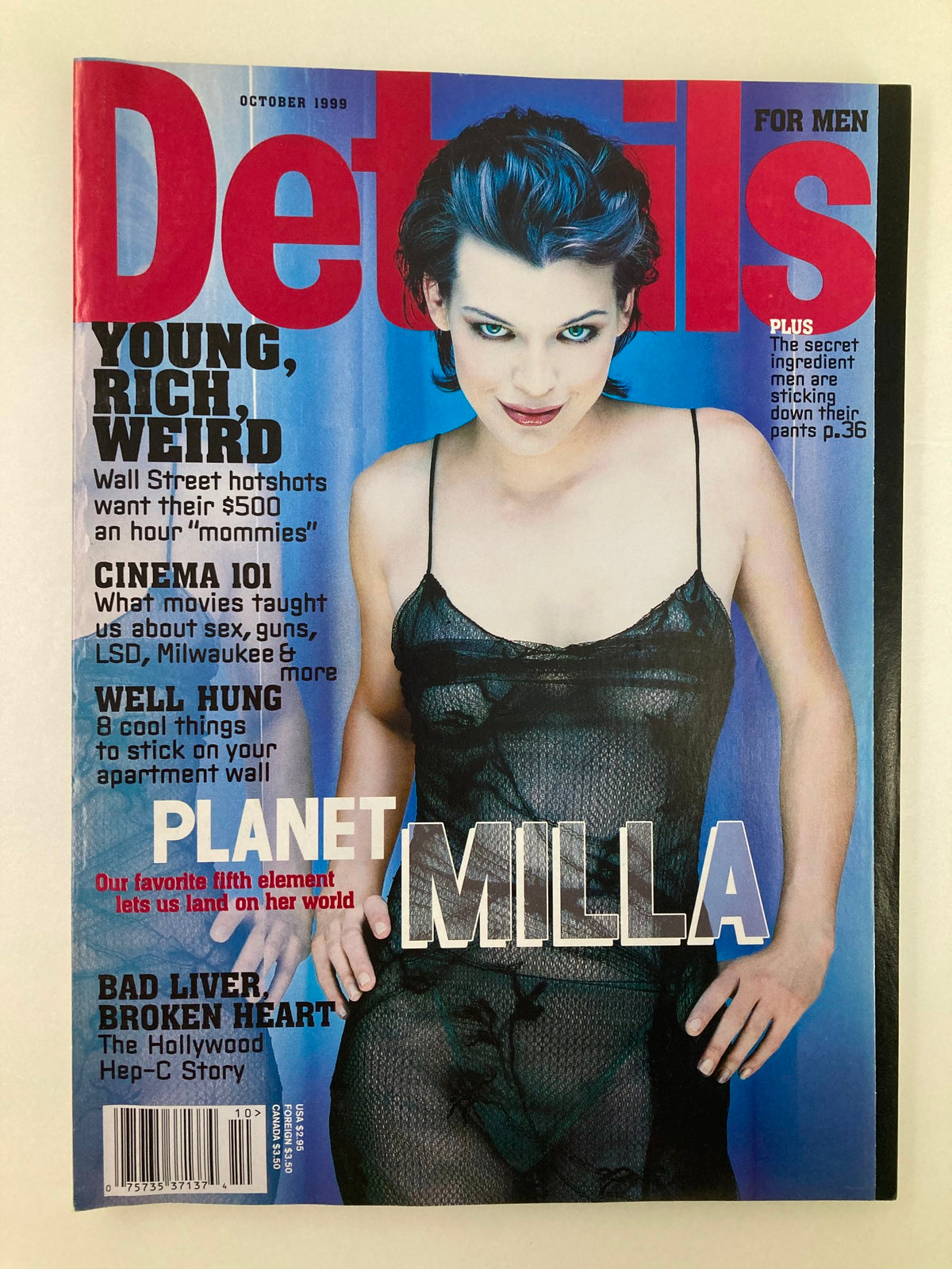 Cover of Details Magazine October 1999 featuring Milla Jovovich, showcasing bold headlines such as 'Planet Milla' and themes of youth and culture.