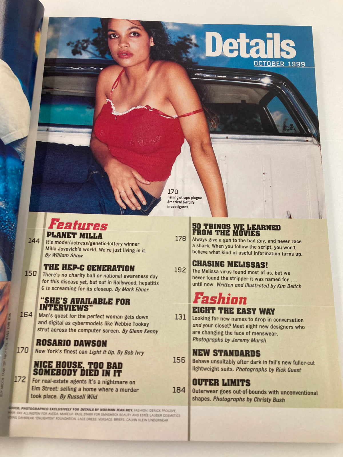 Interior page from Details Magazine October 1999 featuring Rosario Dawson, highlighting various articles and features, including 'Planet Milla' and fashion commentary.