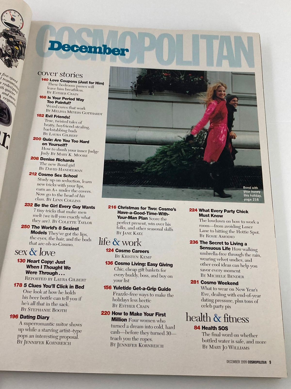 Inside page of Cosmopolitan Magazine December 1999, displaying the table of contents with feature articles including Denise Richards as the new Bond girl and various lifestyle topics.