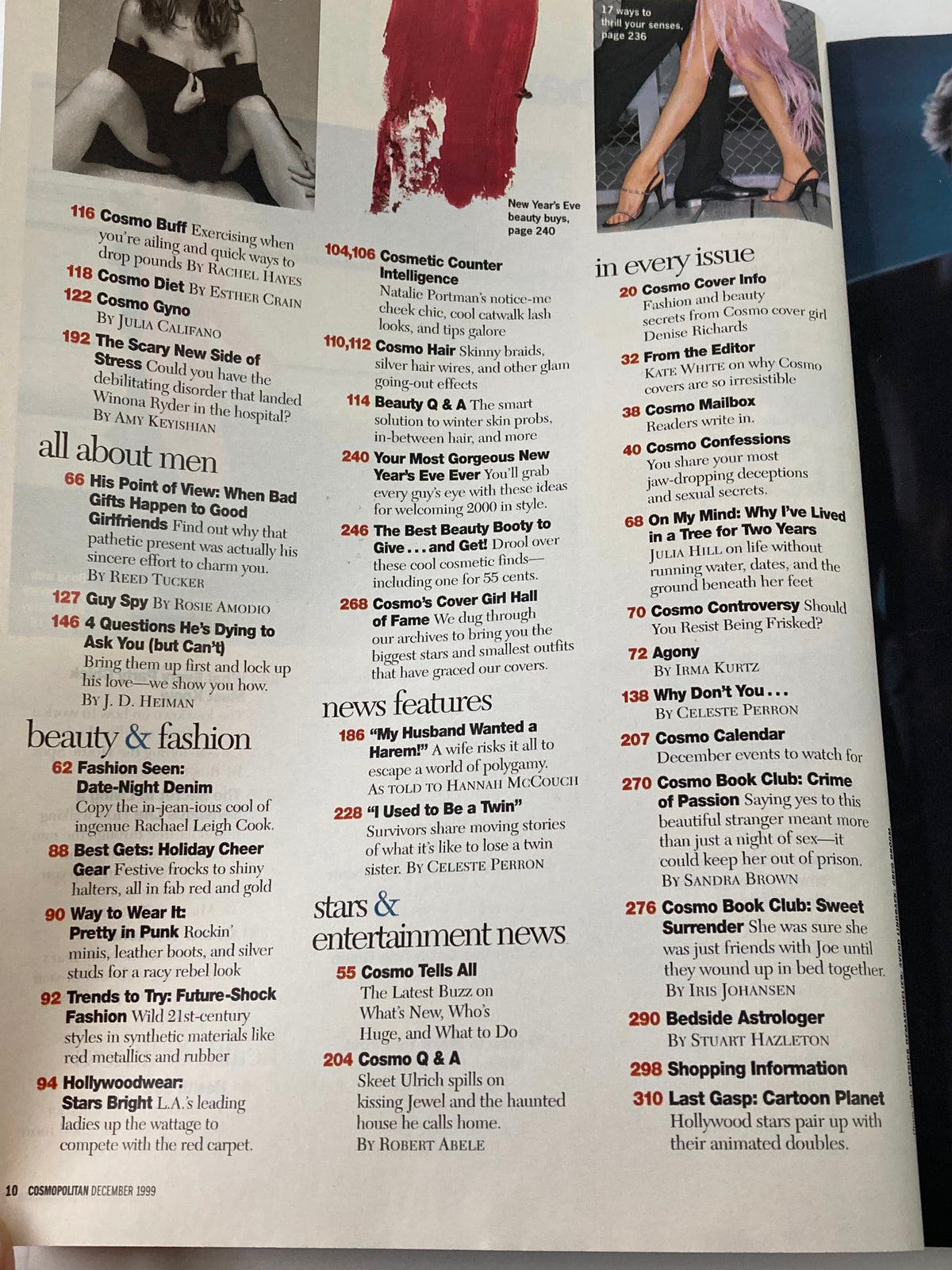 Another inside page of Cosmopolitan Magazine December 1999, presenting content highlights including celebrity news, fashion tips, and beauty advice from the late 90s.