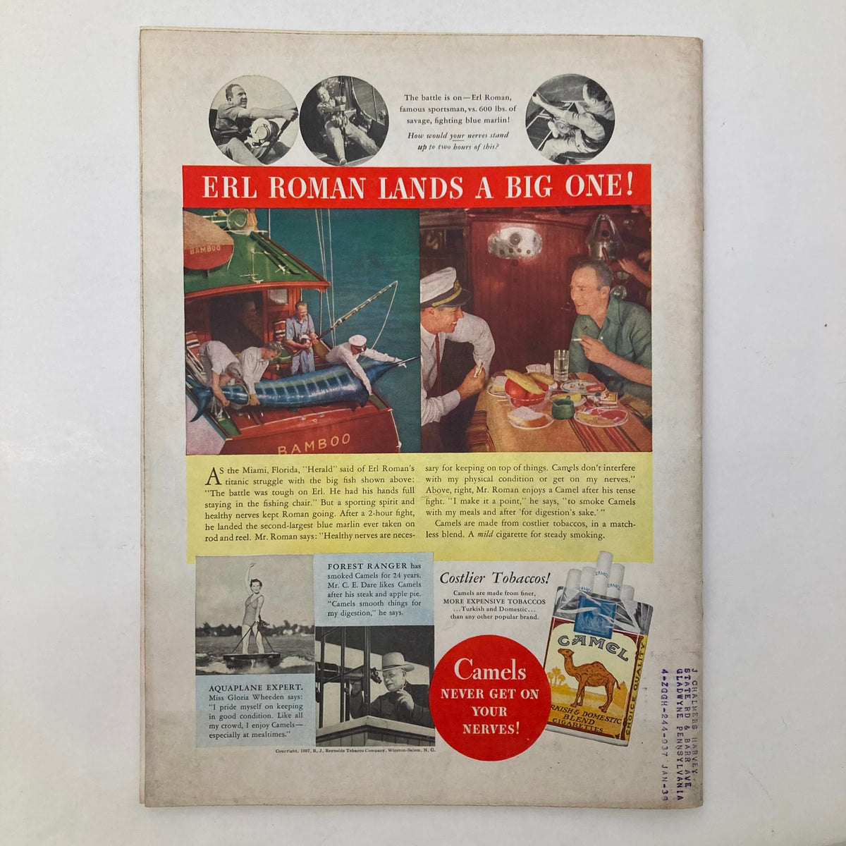 Back cover of VTG Time Magazine August 2 1937, Vol 30 No. 5 showcasing an advertisement for Camel cigarettes featuring Erl Roman, highlighting a fishing scene. Richly colored illustrations and text promoting Camel brand.