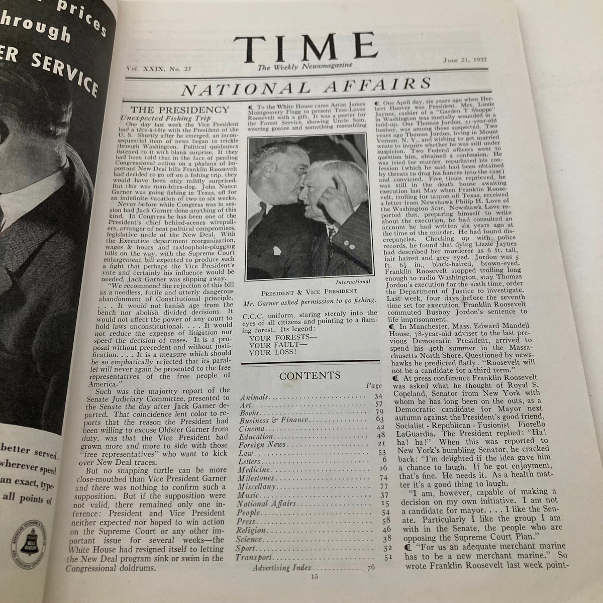 Interior page of VTG Time Magazine June 21 1937, displaying an article on National Affairs including President and Vice President features.