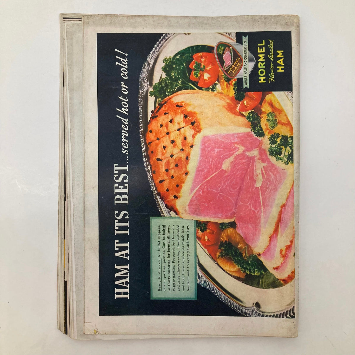 Advertisement page in VTG Time Magazine June 21 1937 showcasing Hormel's ham with vibrant food presentation.