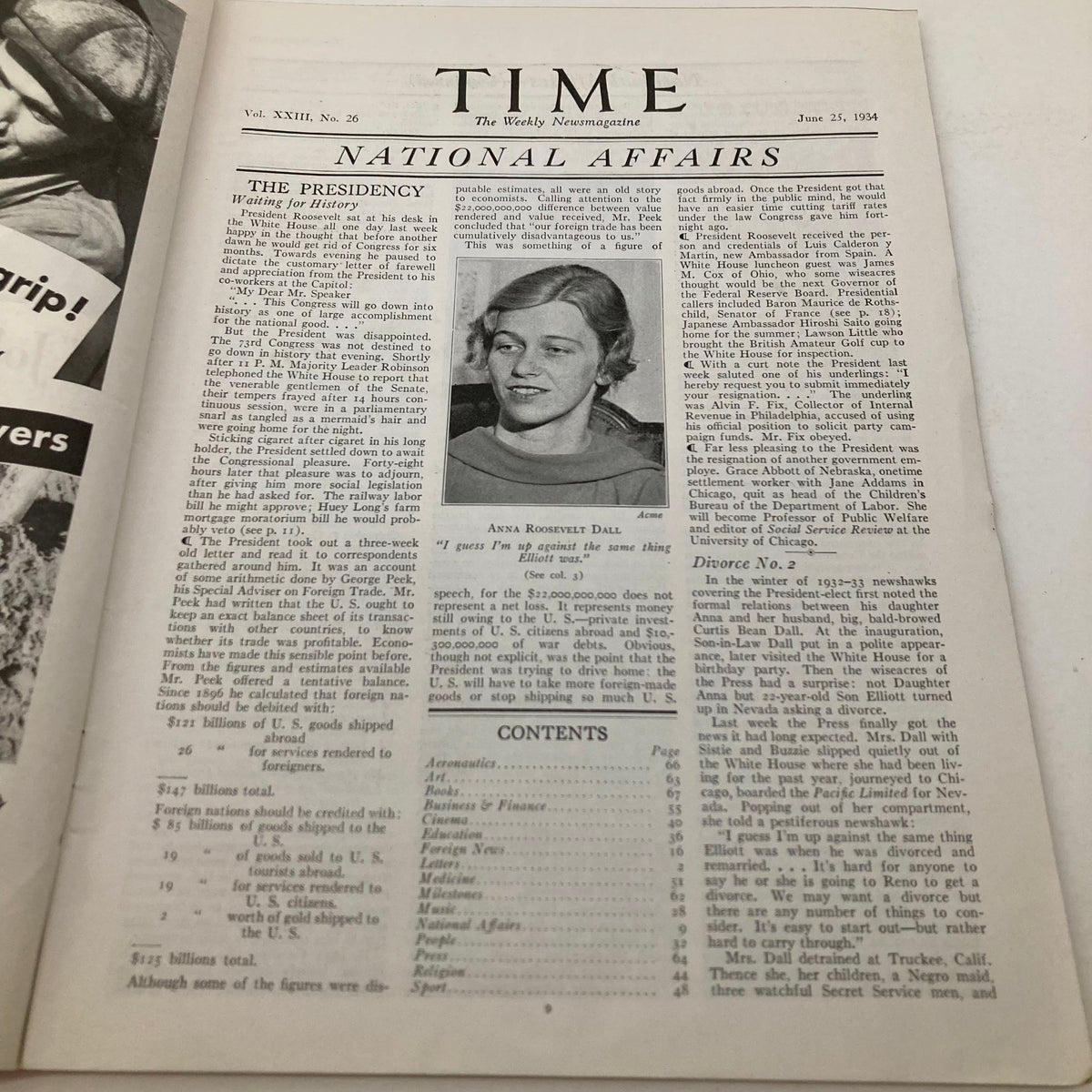 Interior page of the Vintage Time Magazine June 25, 1934, Vol 23 No. 26, featuring an article on national affairs with a close-up of Anna Roosevelt Dall's photograph.
