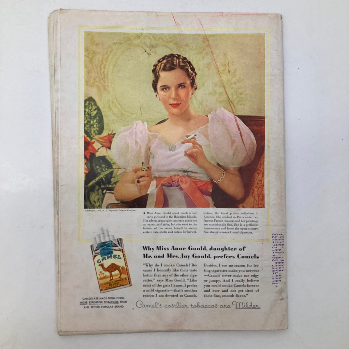 Back cover of the VTG Time Magazine dated June 25, 1934, featuring a colorful advertisement for Camel cigarettes with a portrait of Anne Gould, daughter of Mr. and Mrs. Jay Gould.