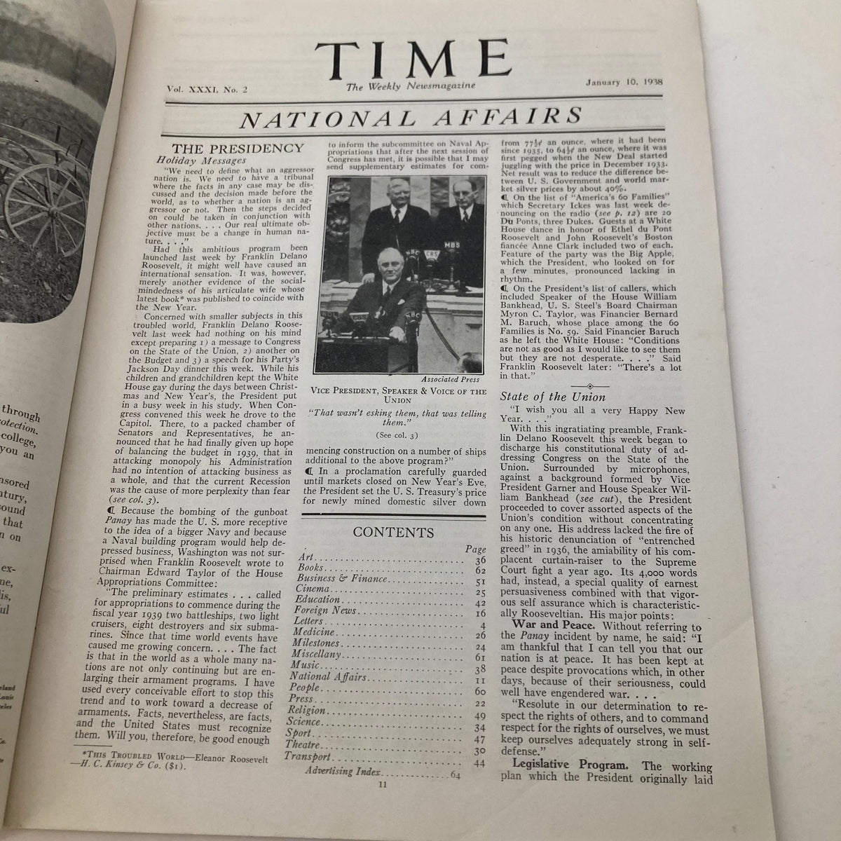 Inside page of VTG Time Magazine January 10 1938 showing National Affairs section, highlighting articles and historical commentary from the period.