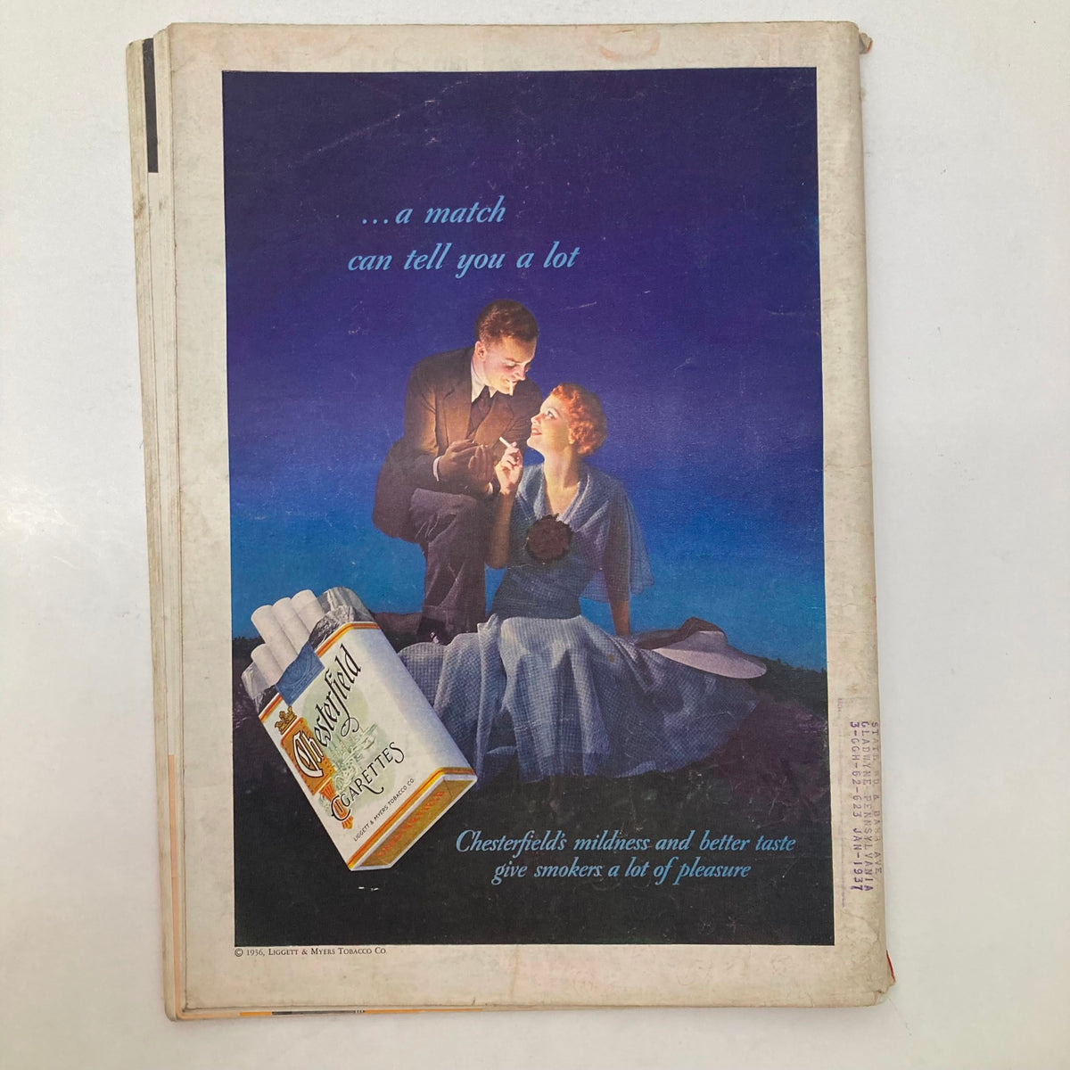Back cover of the VTG Time Magazine June 29, 1936, showcasing a vintage advertisement for Chesterfield cigarettes with a romantic theme.