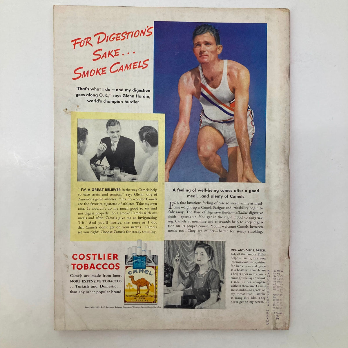 Back cover of the VTG Time Magazine April 12 1937, featuring an advertisement promoting Camel cigarettes and a graphic of a world champion hurdler.