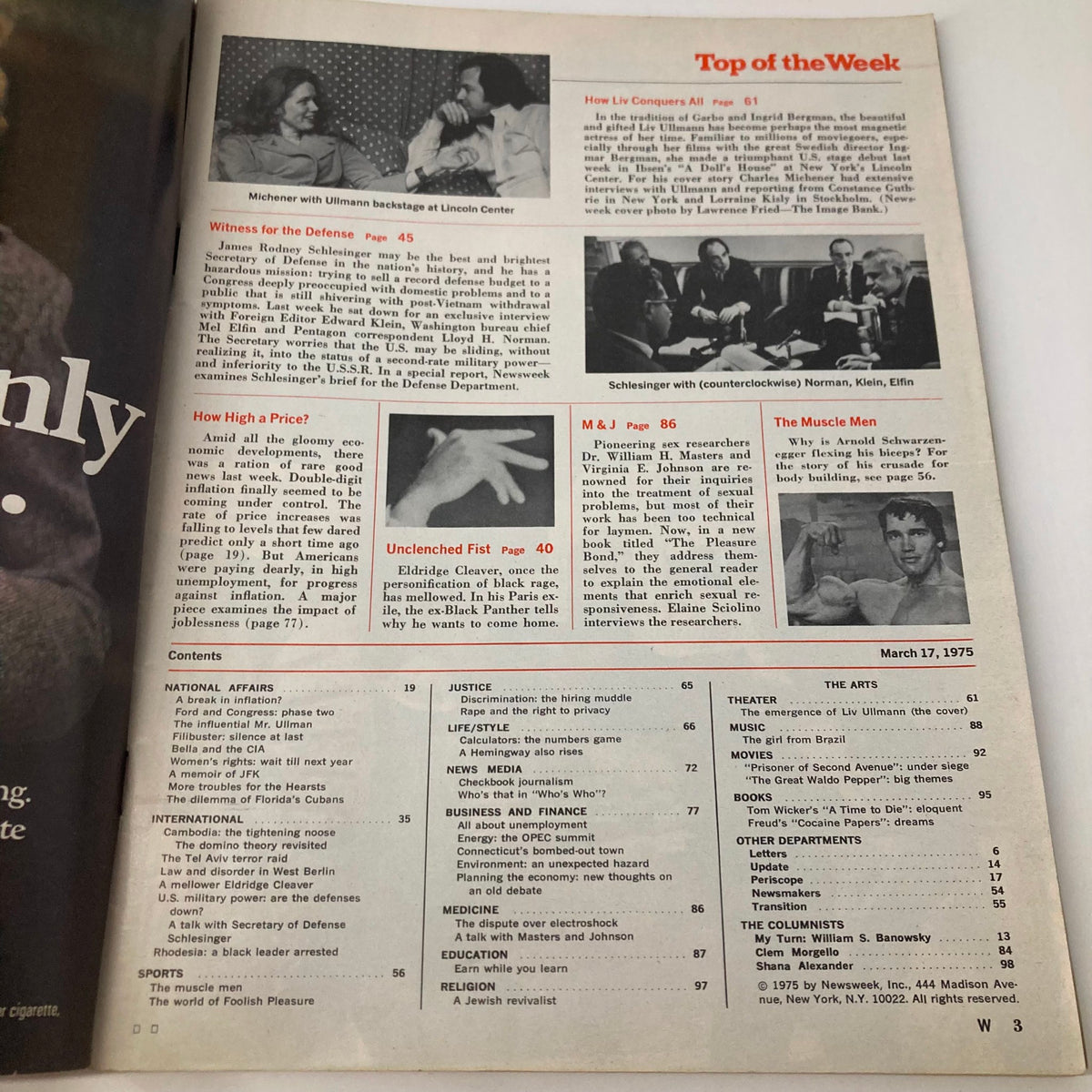 Inside view of VTG Newsweek Magazine March 17 1975 featuring Liv Ullman in 'A Doll's House', showcasing articles and contents including insights on societal trends and theater.
