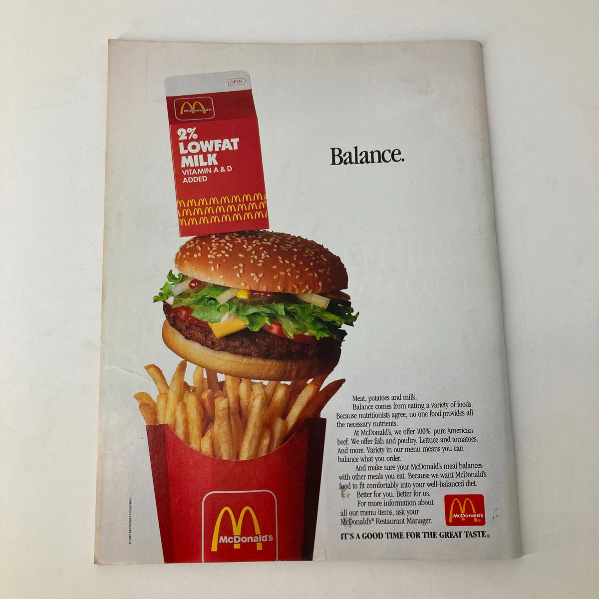 Ad page from VTG Newsweek Magazine March 30, 1987, promoting McDonald's food options emphasizing balance in diet.