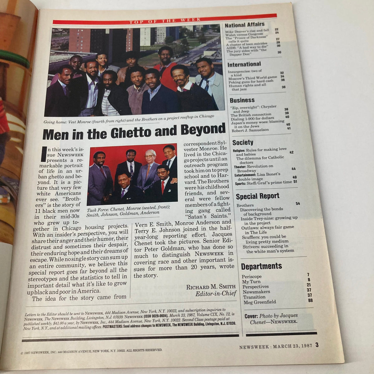 Interior page of Newsweek Magazine March 23, 1987, highlighting the feature 'Men in the Ghetto and Beyond', with a group photo of men from Chicago.