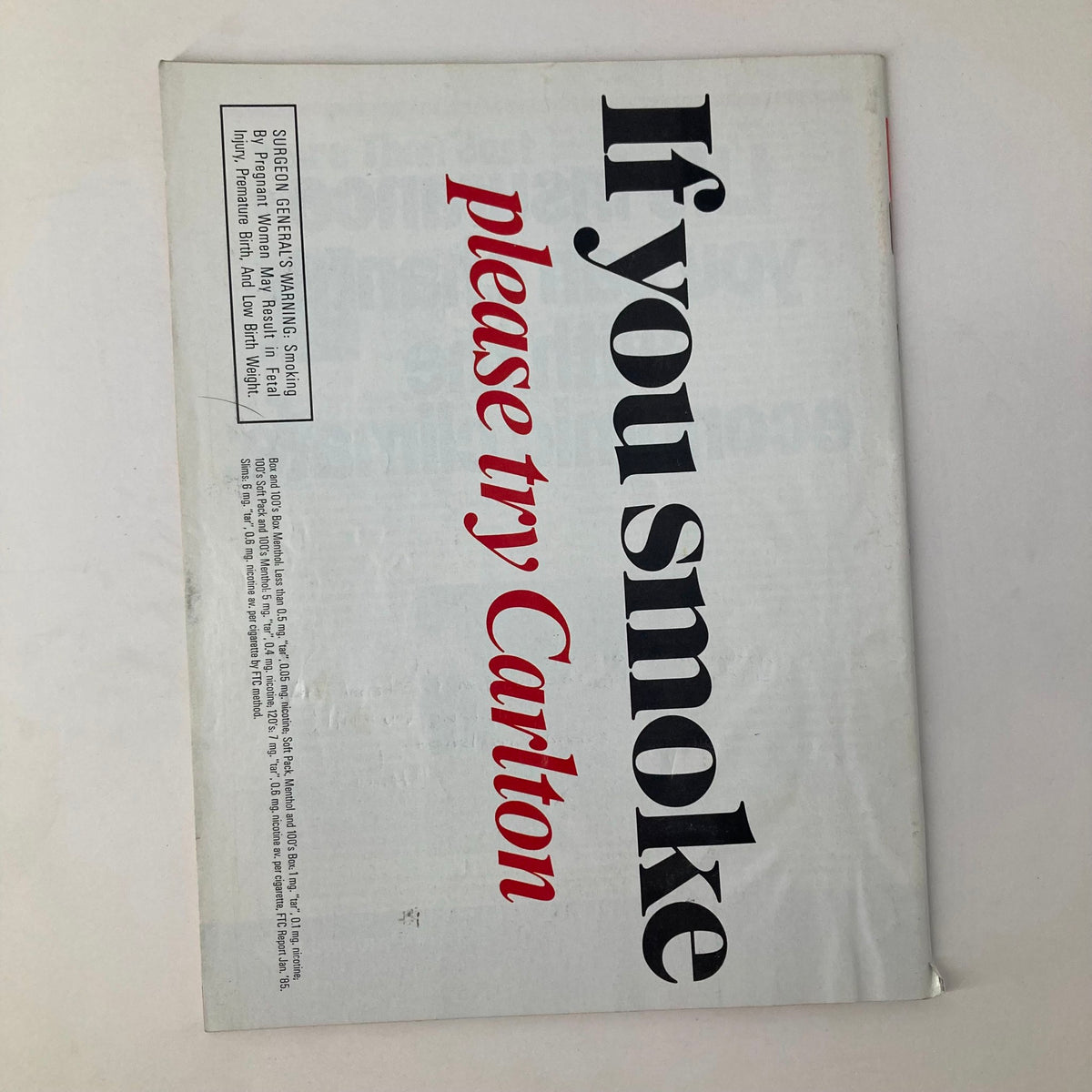 Back cover of Newsweek Magazine March 23, 1987, with an advertisement saying 'If you smoke please try Carlton'.