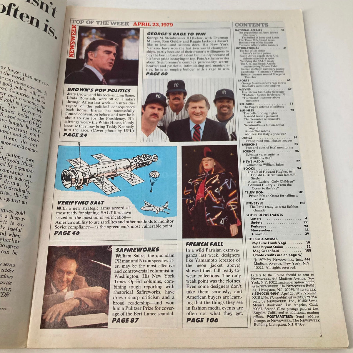 Inside page of the April 23, 1979 Newsweek Magazine showcasing articles and contents, highlighting Jerry Brown's political impact.