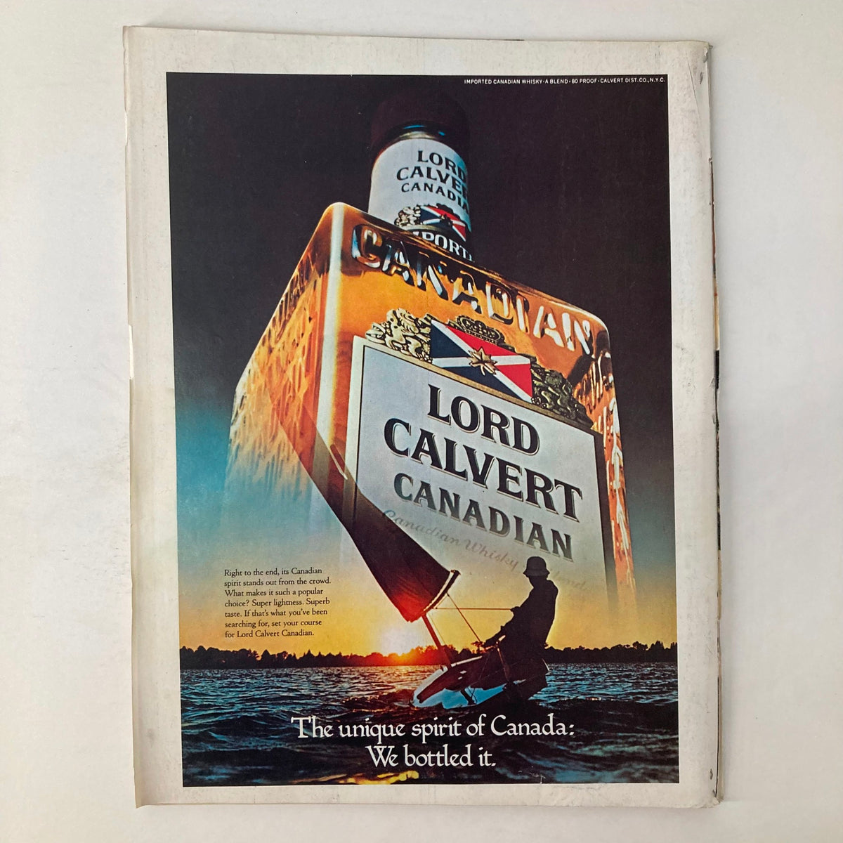 Vintage advertisement for Lord Calvert Canadian whisky, featuring a bottle and an outdoor scene, as seen in the Vintage Newsweek Magazine April 23 1979 featuring Jerry Brown and Linda Ronstadt.