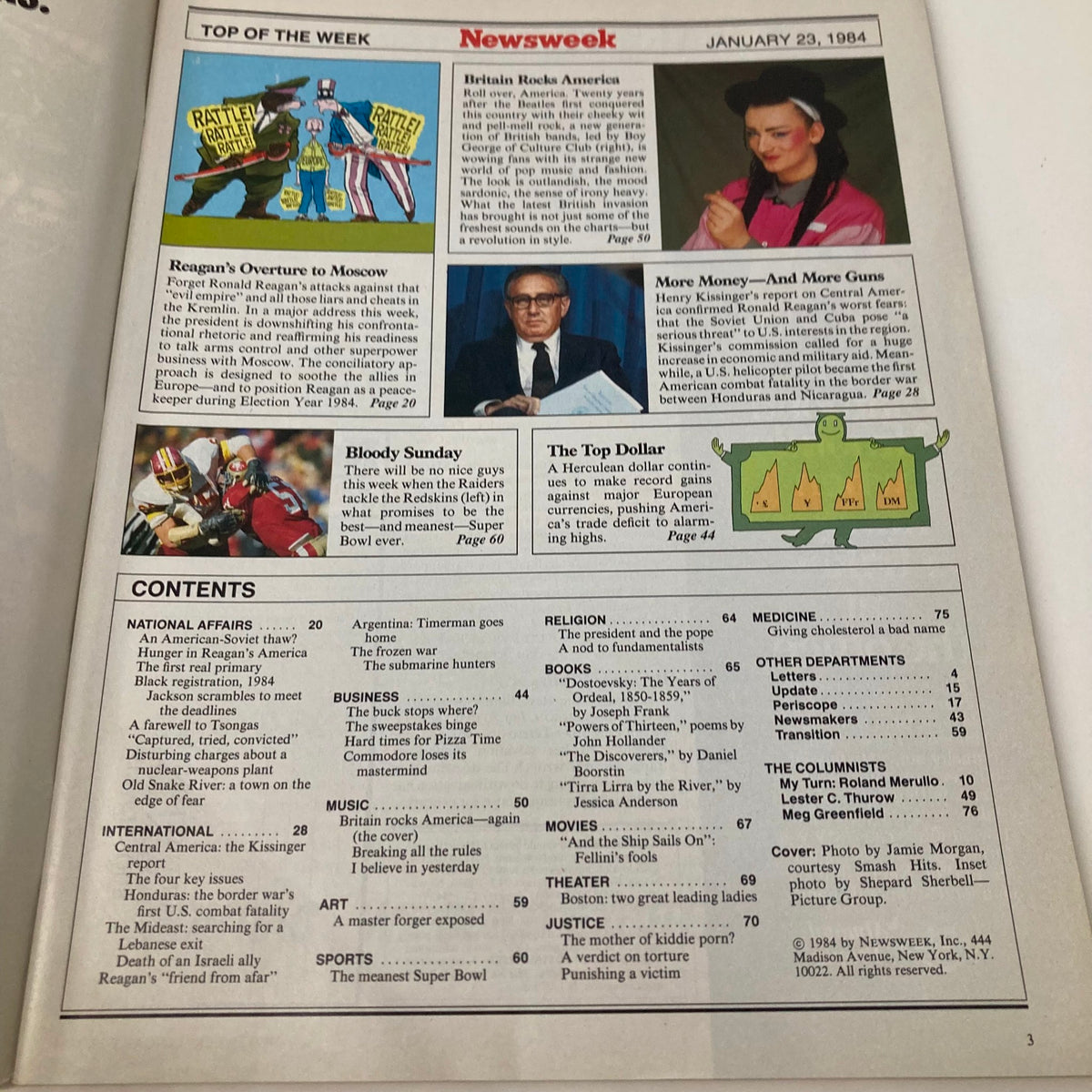 Inside page of VTG Newsweek Magazine January 23 1984, displaying the contents section with various topics including music and politics.
