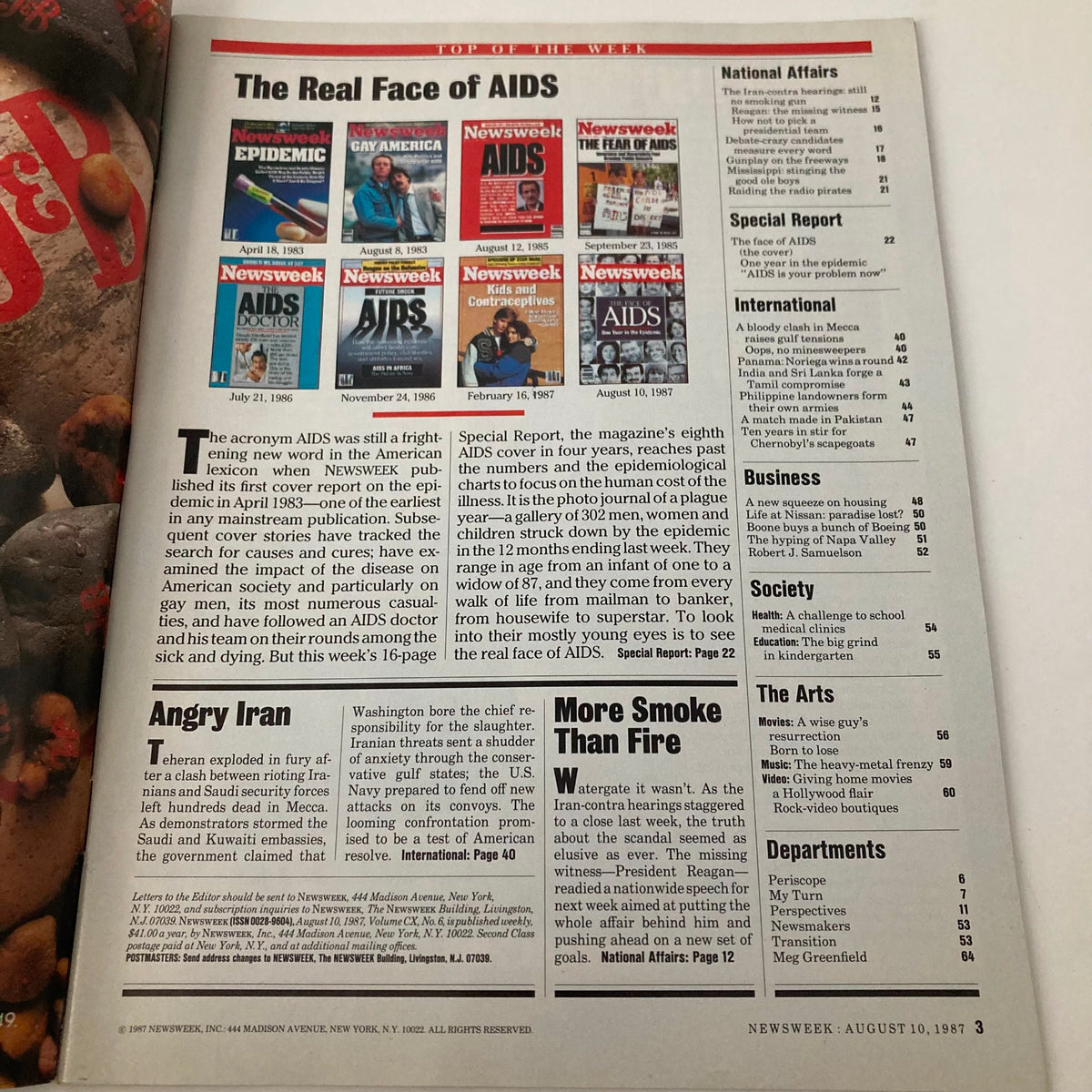 Inside page of VTG Newsweek Magazine August 10 1987 showcasing articles about AIDS, including 'The Real Face of AIDS' along with historical editions on related topics.