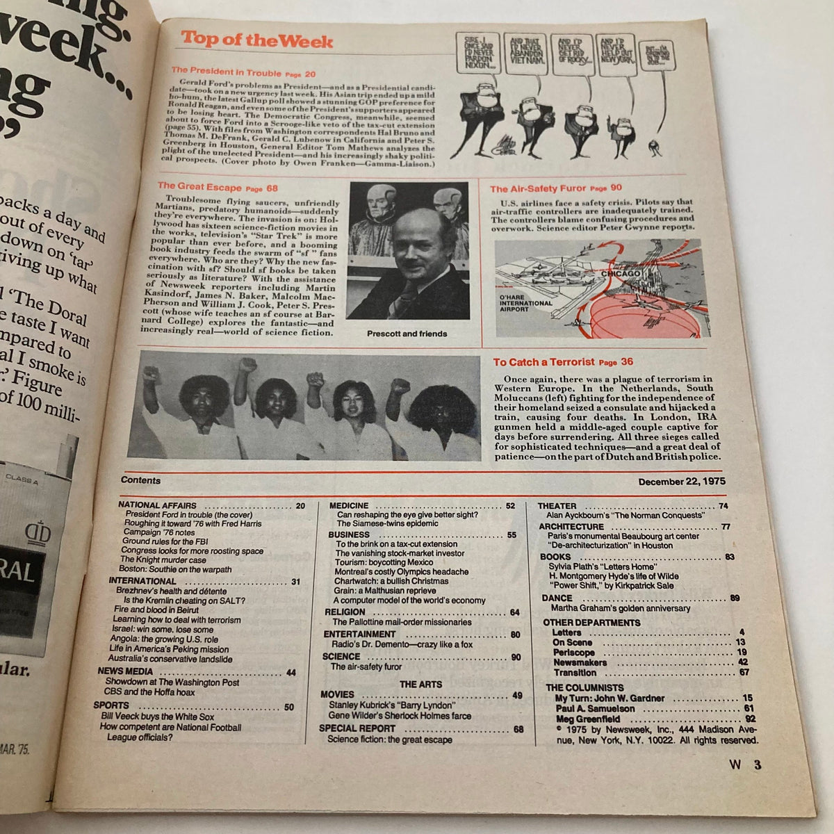 Inside page of the VTG Newsweek Magazine from December 22, 1975, displaying the table of contents highlighting articles and topics relevant to Gerald Ford's presidency and current events of the era.