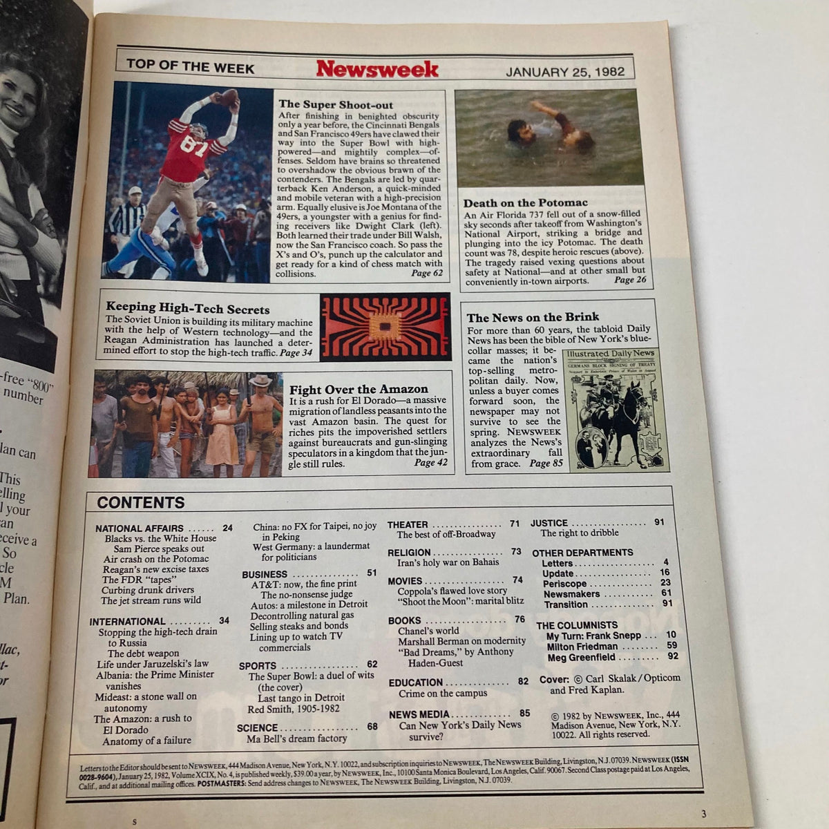 Inside page of VTG Newsweek Magazine January 25 1982, displaying articles including 'The Super Shoot-out' and the magazine's contents, related to sports and current events of the era.