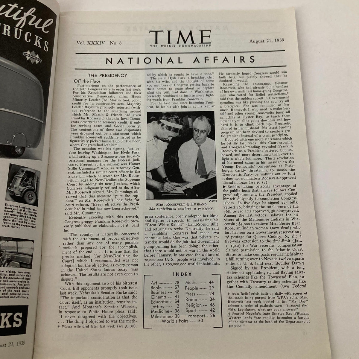 Interior page of Time Magazine August 21, 1939, showcasing a National Affairs section, including articles related to the politics of the time.