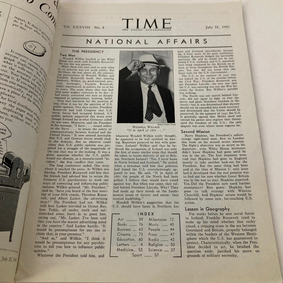 Interior page of the vintage Time Magazine from July 21, 1941, showcasing an article about Wendell Wilkie, reflecting on national affairs during the World War II era.