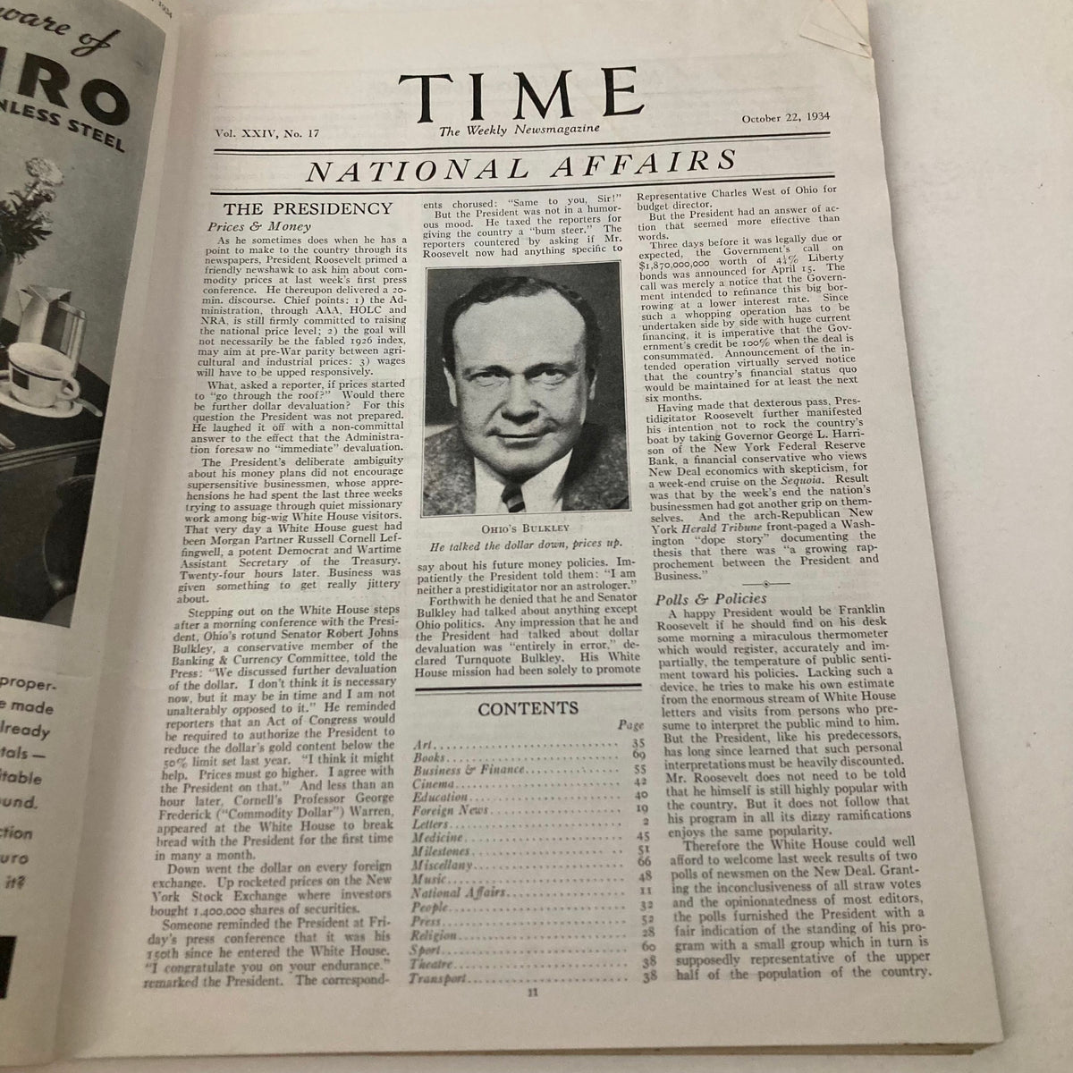 Inside page of VTG Time Magazine from October 22, 1934, displaying an article on national affairs featuring a portrait of Ohio's Buckley, highlighting the political context of the era.