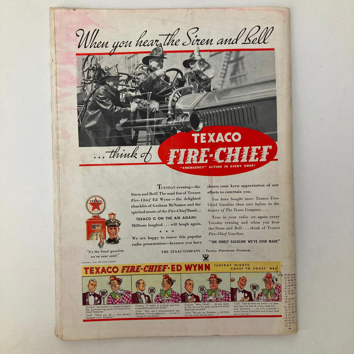 Back cover of VTG Time Magazine from October 22, 1934, with a vintage advertisement for Texaco Fire-Chiefs gasoline, illustrating 1930s marketing and fire safety.