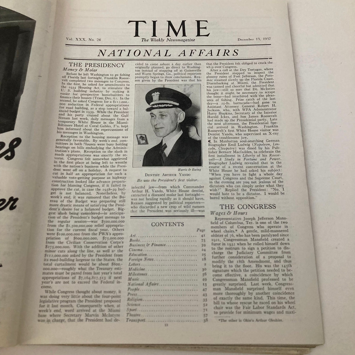 Page featuring National Affairs and The Presidency from VTG Time Magazine December 13 1937 Vol 30 No. 24, discussing Franklin Roosevelt and other historical topics.