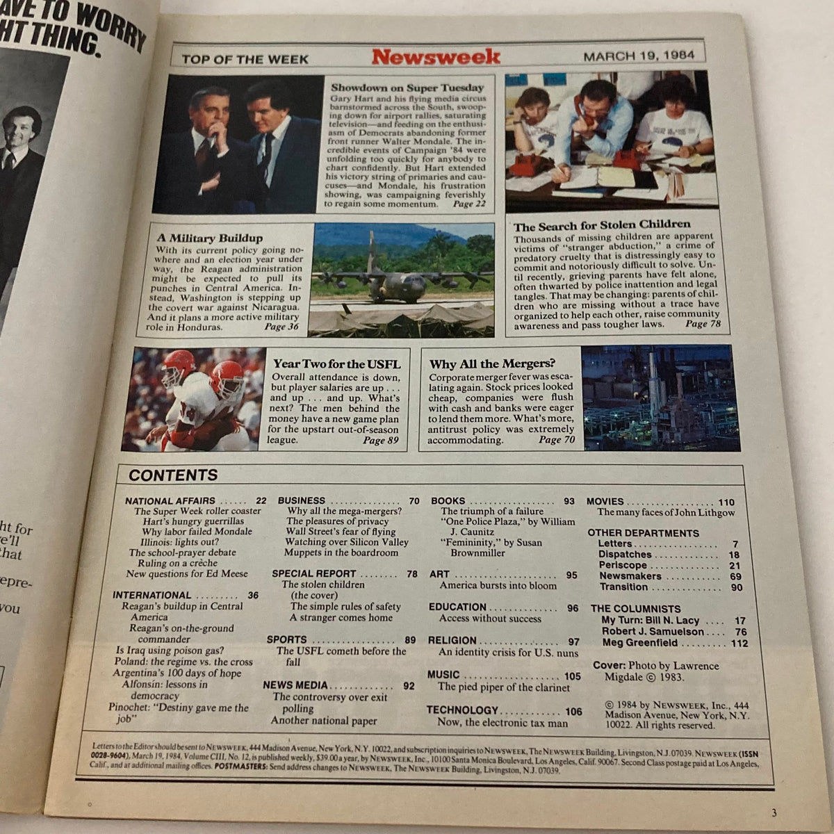Inside page of VTG Newsweek Magazine March 19 1984, showcasing articles and content including the search for stolen children and the magazine's layout.