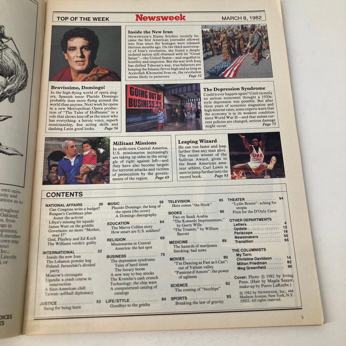 Interior page from VTG Newsweek Magazine March 8 1982 highlighting Plácido Domingo with an article titled 'Bravissimo, Domingo!' and contents listing.