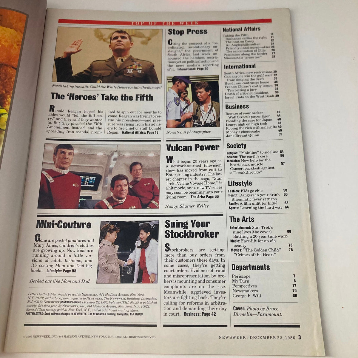 Interior page of VTG Newsweek Magazine from December 22, 1986 featuring articles and images, including Leonard Nimoy as Mr. Spock from Star Trek.