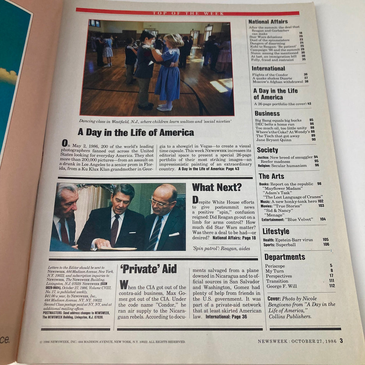 Inside page of VTG Newsweek Magazine October 27 1986 showcasing the continuation of the cover story 'A Day in the Life of America' with an image of a dancing class in Westfield, N.J.
