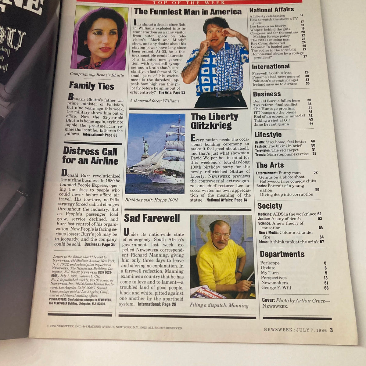 Inside page of VTG Newsweek Magazine July 7 1986 showcasing an article about Robin Williams titled 'The Funniest Man in America', along with various topics including 'Family Ties' and 'Distress Call for an Airline'.