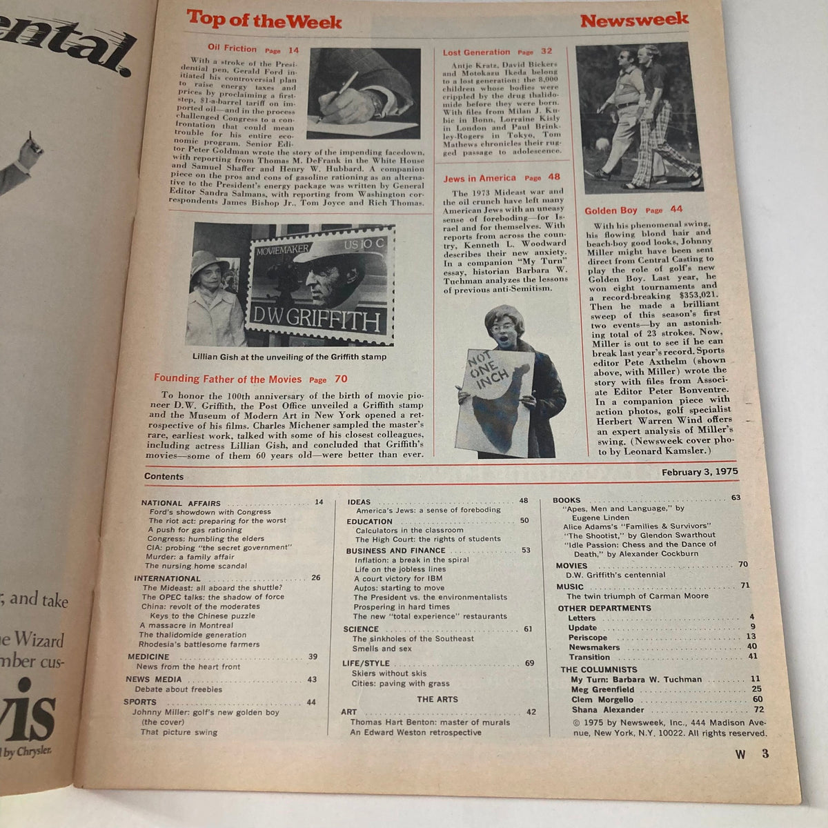 Inside page of VTG Newsweek Magazine February 3 1975, displaying the table of contents and notable articles, including one on Johnny Miller.