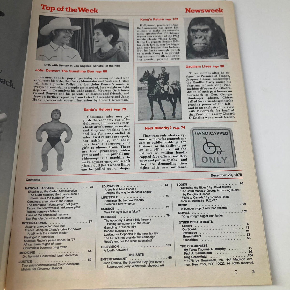 Inside page of VTG Newsweek Magazine December 20 1976 featuring an article on John Denver, known as 'The Sunshine Boy', alongside other news topics of the time.