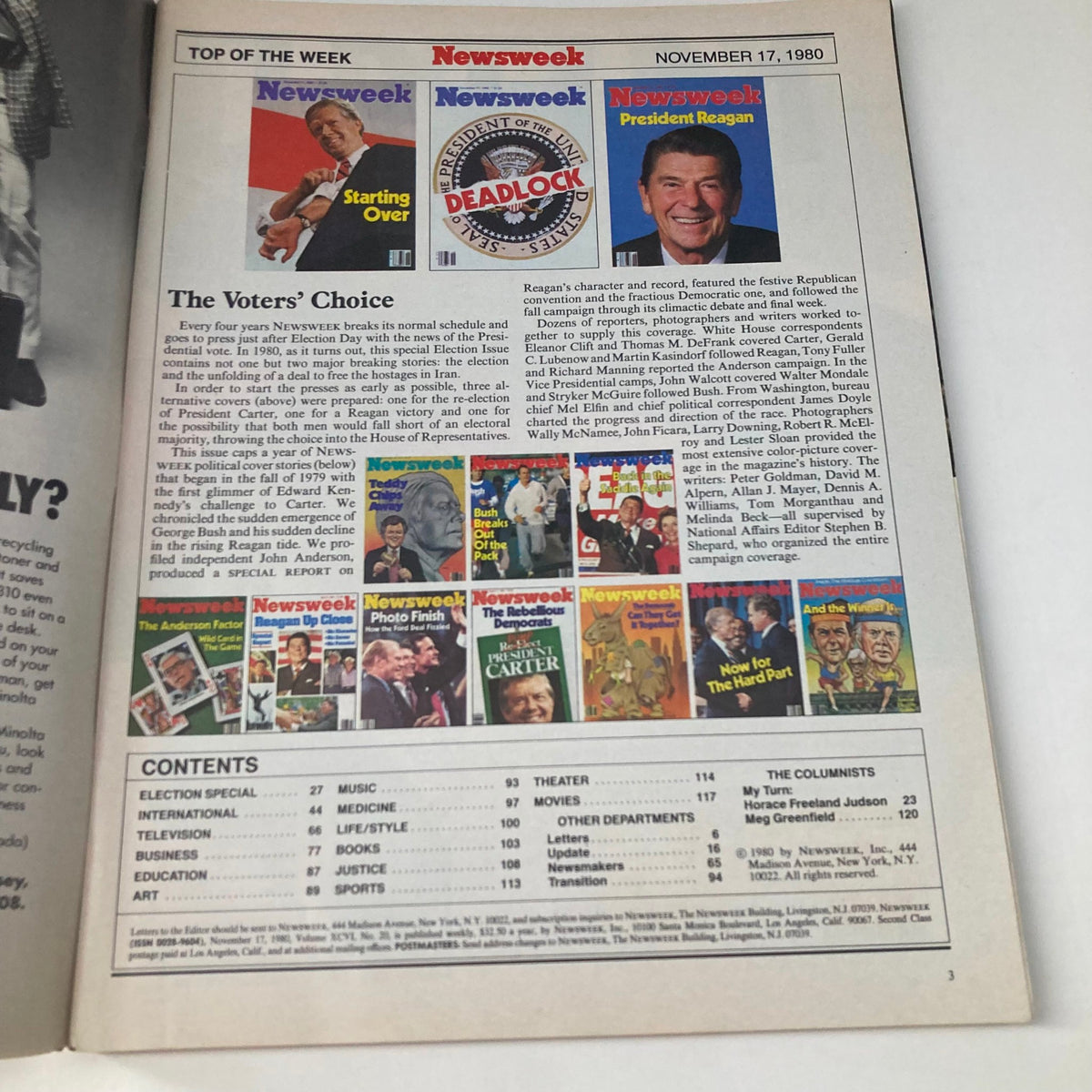 Inside page of the VTG Newsweek Magazine November 17, 1980, featuring contents and articles related to the cover story 'The Voters' Choice'.