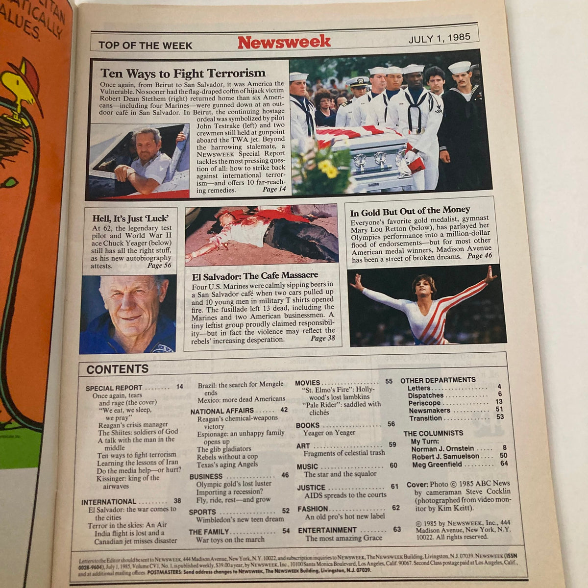 Inside page of VTG Newsweek Magazine dated July 1, 1985, highlighting the article 'Ten Ways to Fight Terrorism' along with additional content from that issue.