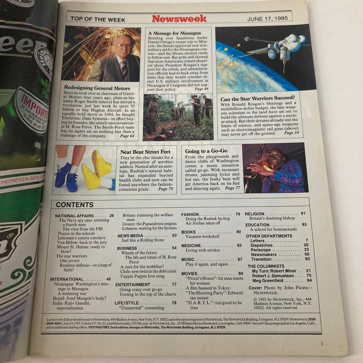 Inside page of VTG Newsweek Magazine June 17 1985 containing the table of contents and various articles, including a feature on the Star Warriors project.
