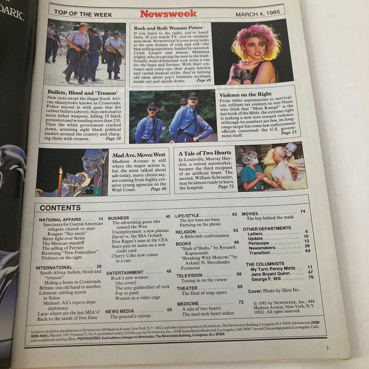 Inside page of VTG Newsweek Magazine March 4 1985 showing contents, including section titles like 'Rock and Roll: Woman Power' and coverage of cultural events.