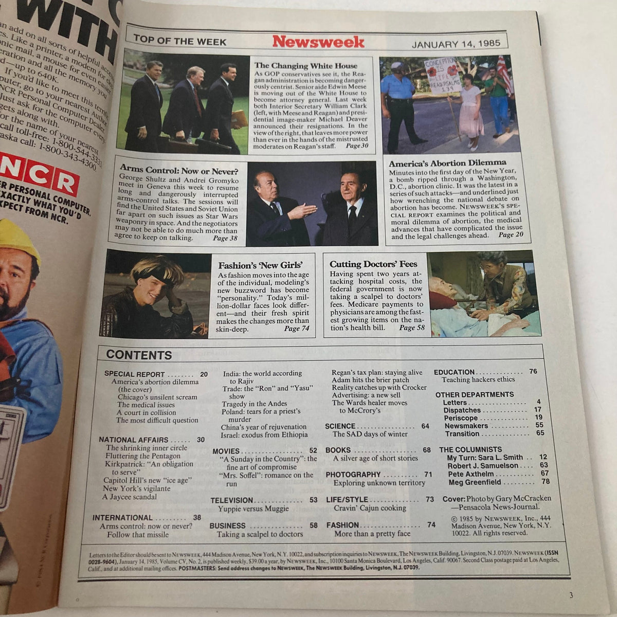Inside page of a January 14, 1985 Newsweek Magazine showcasing the table of contents including articles on America's abortion dilemma and other significant topics of the time, reflecting the socio-political climate.