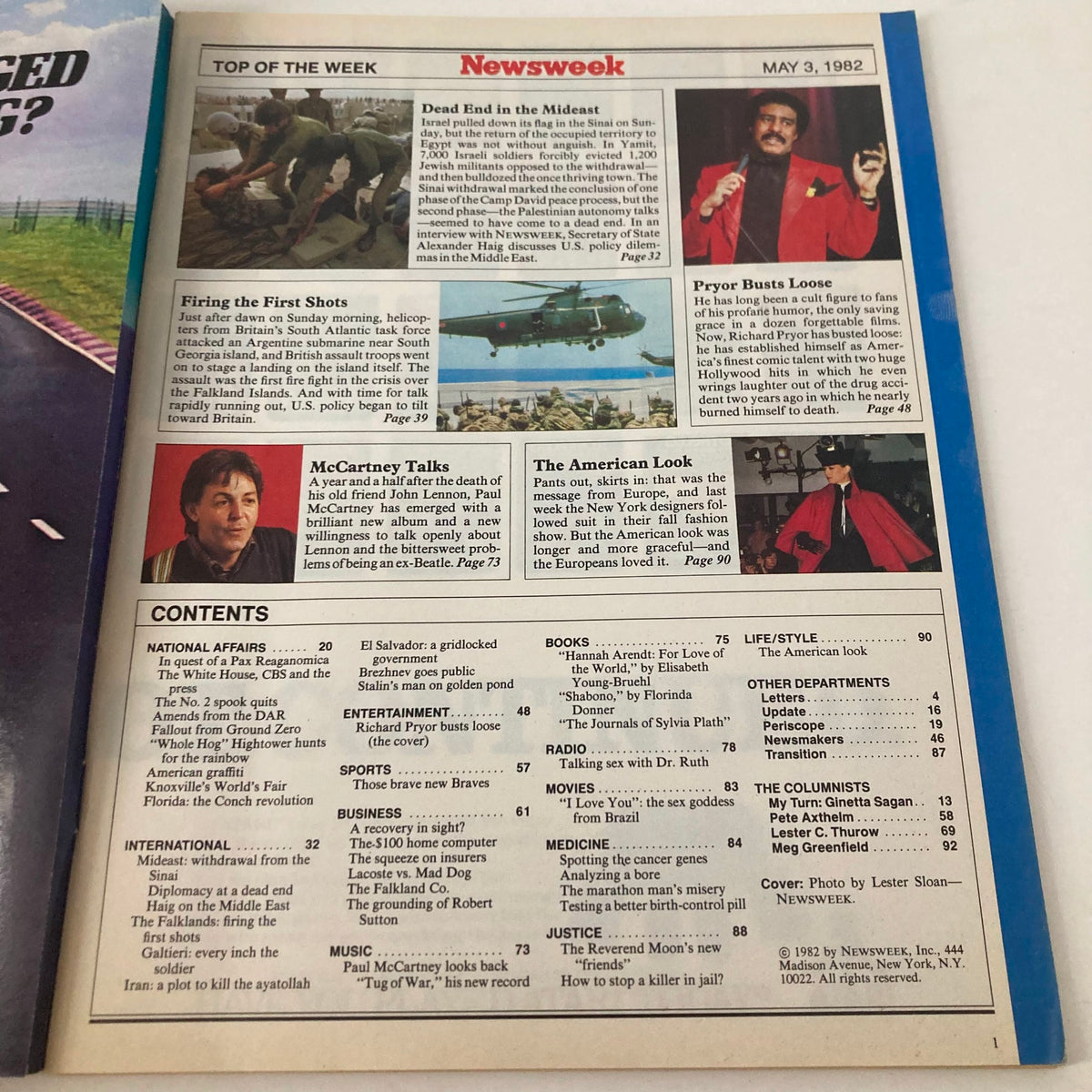 Contents page of VTG Newsweek Magazine May 3, 1982, highlighting various articles including 'Pryor Busts Loose' that captures Richard Pryor's influence in comedy and pop culture.