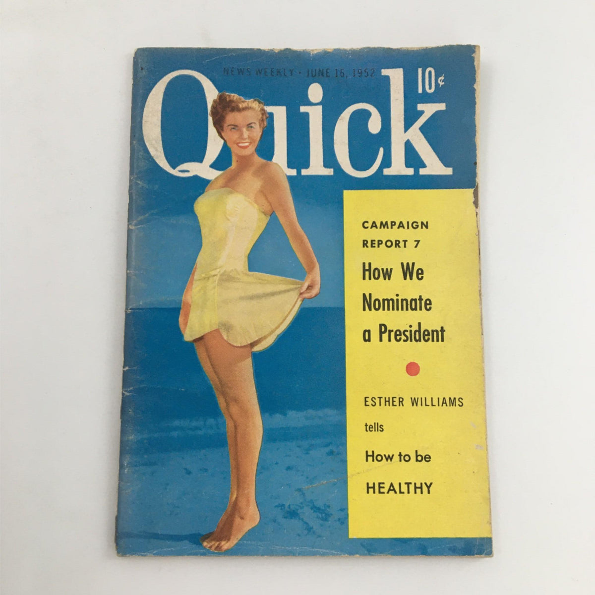 Quick Magazine June 16, 1952, featuring Esther Williams on the cover in a stylish yellow dress, showcasing vintage magazine design and historical elements.