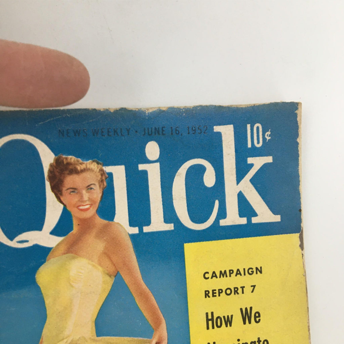 Close-up of the cover of Quick Magazine June 16, 1952, highlighting Esther Williams and vintage headlines about health and presidential nomination.